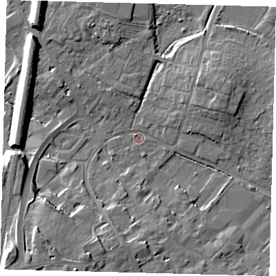 Shaded relief map of the ground around PE293HR, computed from Environment Agency LiDAR. The ground here sits at about 10 m above sea level and falls 14 m across the surrounding 800 m. Surface water reaching this point runs off ground lying to the south-west, 13.1 m higher.