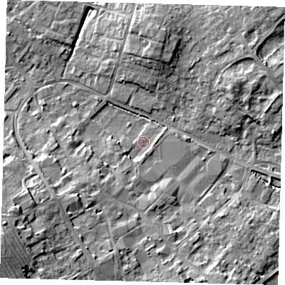 Shaded relief map of the ground around PE293LF, computed from Environment Agency LiDAR. The ground here sits at about 10 m above sea level and falls 13 m across the surrounding 800 m. Surface water reaching this point runs off ground lying to the south-south-west, 3.0 m higher.