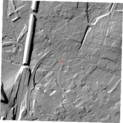 Shaded relief map of the ground around PE293NY, computed from Environment Agency LiDAR. The ground here sits at about 11 m above sea level and falls 22 m across the surrounding 800 m. Surface water reaching this point runs off ground lying to the south-west, 12.1 m higher.