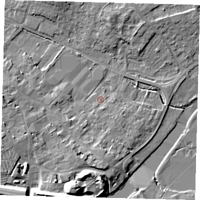 Shaded relief map of the ground around PE293QD, computed from Environment Agency LiDAR. The ground here sits at about 11 m above sea level and falls 13 m across the surrounding 800 m. Surface water reaching this point runs off ground lying to the south, 7.3 m higher.