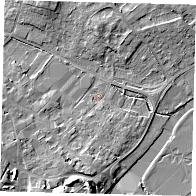 Shaded relief map of the ground around PE293QE, computed from Environment Agency LiDAR. The ground here sits at about 10 m above sea level and falls 12 m across the surrounding 800 m. Surface water reaching this point runs off ground lying to the south, 7.3 m higher.
