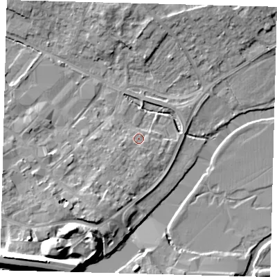 Shaded relief map of the ground around PE293QW, computed from Environment Agency LiDAR. The ground here sits at about 11 m above sea level and falls 13 m across the surrounding 800 m. Surface water reaching this point runs off ground lying to the south-south-west, 4.6 m higher.