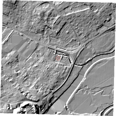 Shaded relief map of the ground around PE293RA, computed from Environment Agency LiDAR. The ground here sits at about 10 m above sea level and falls 12 m across the surrounding 800 m. Surface water reaching this point runs off ground lying to the south-south-west, 6.6 m higher.