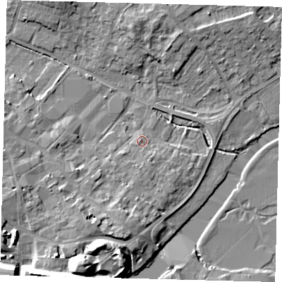Shaded relief map of the ground around PE293RF, computed from Environment Agency LiDAR. The ground here sits at about 11 m above sea level and falls 13 m across the surrounding 800 m. Surface water reaching this point runs off ground lying to the south-south-east, 1.6 m higher.