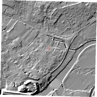 Shaded relief map of the ground around PE293RG, computed from Environment Agency LiDAR. The ground here sits at about 10 m above sea level and falls 13 m across the surrounding 800 m. Surface water reaching this point runs off ground lying to the south-south-west, 6.6 m higher.