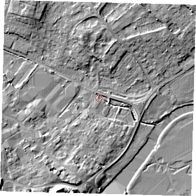 Shaded relief map of the ground around PE293RH, computed from Environment Agency LiDAR. The ground here sits at about 10 m above sea level and falls 12 m across the surrounding 800 m. Surface water reaching this point runs off ground lying to the south-south-west, 6.6 m higher.