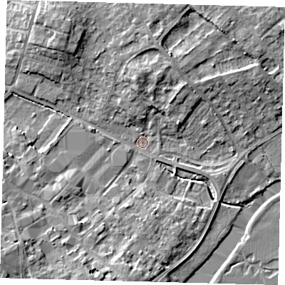 Shaded relief map of the ground around PE293RJ, computed from Environment Agency LiDAR. The ground here sits at about 10 m above sea level and falls 9 m across the surrounding 800 m. Surface water reaching this point runs off ground lying to the north-east, 8.0 m higher.