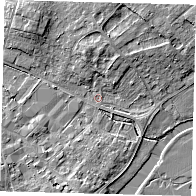 Shaded relief map of the ground around PE293RN, computed from Environment Agency LiDAR. The ground here sits at about 10 m above sea level and falls 9 m across the surrounding 800 m. Surface water reaching this point runs off ground lying to the north-north-east, 6.9 m higher.