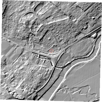 Shaded relief map of the ground around PE293RP, computed from Environment Agency LiDAR. The ground here sits at about 9 m above sea level and falls 8 m across the surrounding 800 m. Surface water reaching this point runs off ground lying to the north-north-west, 5.5 m higher.