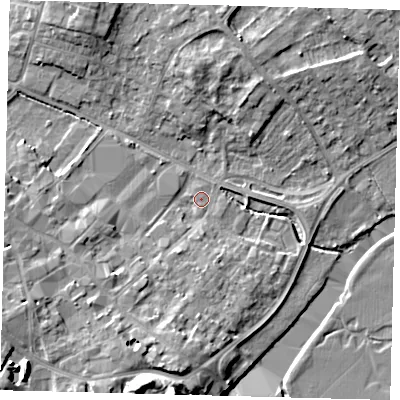 Shaded relief map of the ground around PE293RQ, computed from Environment Agency LiDAR. The ground here sits at about 10 m above sea level and falls 12 m across the surrounding 800 m. Surface water reaching this point runs off ground lying to the south, 7.3 m higher.