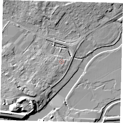 Shaded relief map of the ground around PE293RT, computed from Environment Agency LiDAR. The ground here sits at about 10 m above sea level and falls 13 m across the surrounding 800 m. Surface water reaching this point runs off ground lying to the south-west, 3.3 m higher.