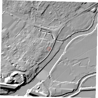 Shaded relief map of the ground around PE293RU, computed from Environment Agency LiDAR. The ground here sits at about 10 m above sea level and falls 13 m across the surrounding 800 m. Surface water reaching this point runs off ground lying to the south-west, 6.1 m higher.