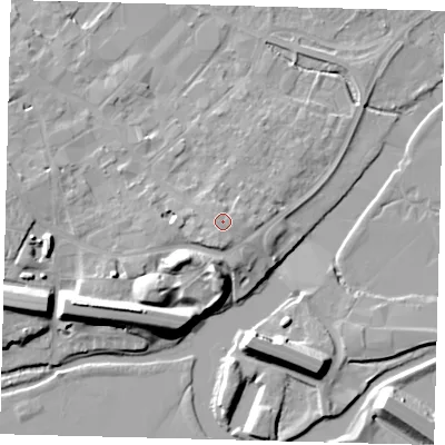 Shaded relief map of the ground around PE293TF, computed from Environment Agency LiDAR. The ground here sits at about 15 m above sea level and falls 13 m across the surrounding 800 m. Surface water reaching this point runs off ground lying to the south-south-west, 1.0 m higher.