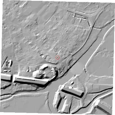 Shaded relief map of the ground around PE293YW, computed from Environment Agency LiDAR. The ground here sits at about 15 m above sea level and falls 13 m across the surrounding 800 m. Surface water reaching this point runs off ground lying to the south-south-west, 1.5 m higher.