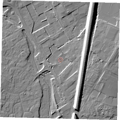 Shaded relief map of the ground around PE296DA, computed from Environment Agency LiDAR. The ground here sits at about 12 m above sea level and falls 15 m across the surrounding 800 m. Surface water reaching this point runs off ground lying to the east, 10.7 m higher.