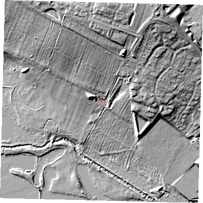 Shaded relief map of the ground around PE296DB, computed from Environment Agency LiDAR. The ground here sits at about 16 m above sea level and falls 26 m across the surrounding 800 m. Surface water reaching this point runs off ground lying to the north-north-east, 19.4 m higher.