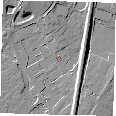Shaded relief map of the ground around PE296EB, computed from Environment Agency LiDAR. The ground here sits at about 15 m above sea level and falls 15 m across the surrounding 800 m. Surface water reaching this point runs off ground lying to the north, 3.1 m higher.