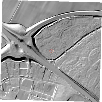 Shaded relief map of the ground around PE296GA, computed from Environment Agency LiDAR. The ground here sits at about 13 m above sea level and falls 13 m across the surrounding 800 m. Surface water reaching this point runs off ground lying to the north, 1.2 m higher.