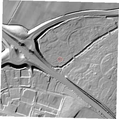Shaded relief map of the ground around PE296GB, computed from Environment Agency LiDAR. The ground here sits at about 13 m above sea level and falls 13 m across the surrounding 800 m. Surface water reaching this point runs off ground lying to the north-north-west, 1.2 m higher.
