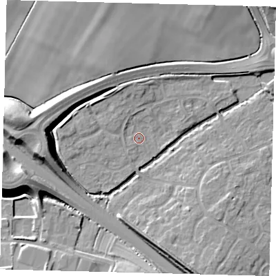 Shaded relief map of the ground around PE296GE, computed from Environment Agency LiDAR. The ground here sits at about 13 m above sea level and falls 13 m across the surrounding 800 m. Surface water reaching this point runs off ground lying to the north-west, 1.1 m higher.