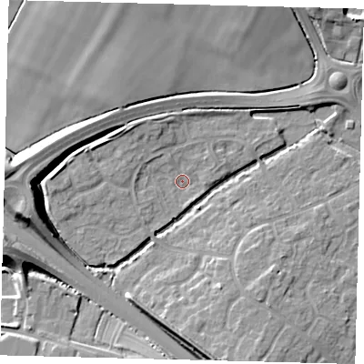 Shaded relief map of the ground around PE296GF, computed from Environment Agency LiDAR. The ground here sits at about 13 m above sea level and falls 11 m across the surrounding 800 m. Surface water reaching this point runs off ground lying to the north-west, 3.7 m higher.