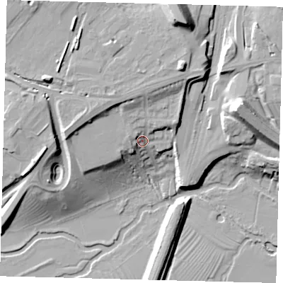 Shaded relief map of the ground around PE296GP, computed from Environment Agency LiDAR. The ground here sits at about 18 m above sea level and falls 23 m across the surrounding 800 m. Surface water reaching this point runs off ground lying to the north-north-east, 11.2 m higher.