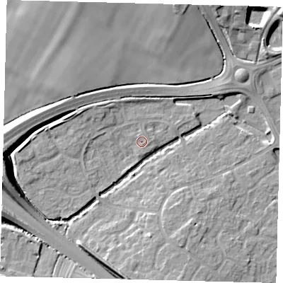 Shaded relief map of the ground around PE296GT, computed from Environment Agency LiDAR. The ground here sits at about 13 m above sea level and falls 11 m across the surrounding 800 m. Surface water reaching this point runs off ground lying to the west, 10.0 m higher.