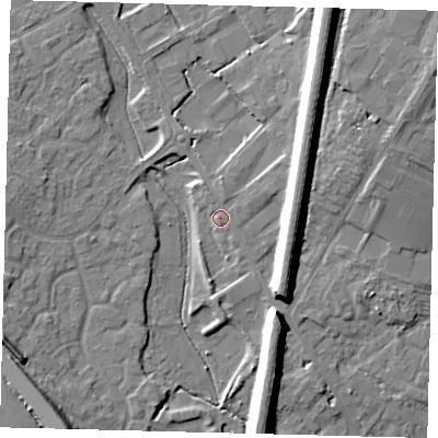 Shaded relief map of the ground around PE296HG, computed from Environment Agency LiDAR. The ground here sits at about 13 m above sea level and falls 14 m across the surrounding 800 m. Surface water reaching this point runs off ground lying to the east-north-east, 9.5 m higher.