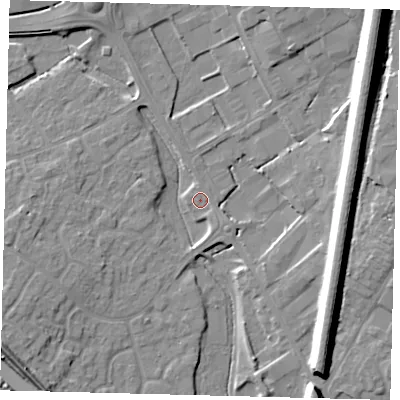 Shaded relief map of the ground around PE296HH, computed from Environment Agency LiDAR. The ground here sits at about 12 m above sea level and falls 15 m across the surrounding 800 m. Surface water reaching this point runs off ground lying to the north-east, 13.8 m higher.