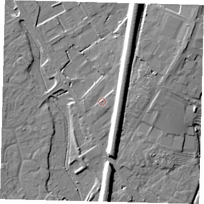Shaded relief map of the ground around PE296HQ, computed from Environment Agency LiDAR. The ground here sits at about 14 m above sea level and falls 14 m across the surrounding 800 m. Surface water reaching this point runs off ground lying to the north-east, 8.5 m higher.