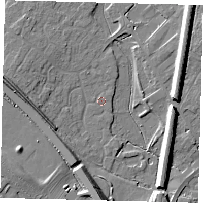 Shaded relief map of the ground around PE296TW, computed from Environment Agency LiDAR. The ground here sits at about 12 m above sea level and falls 19 m across the surrounding 800 m. Surface water reaching this point runs off ground lying to the south-west, 16.9 m higher.