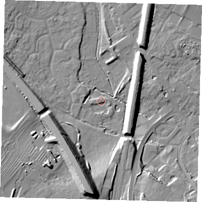 Shaded relief map of the ground around PE296TY, computed from Environment Agency LiDAR. The ground here sits at about 12 m above sea level and falls 21 m across the surrounding 800 m. Surface water reaching this point runs off ground lying to the west-south-west, 12.7 m higher.