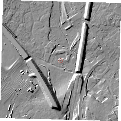 Shaded relief map of the ground around PE296TZ, computed from Environment Agency LiDAR. The ground here sits at about 12 m above sea level and falls 21 m across the surrounding 800 m. Surface water reaching this point runs off ground lying to the east-north-east, 1.4 m higher.