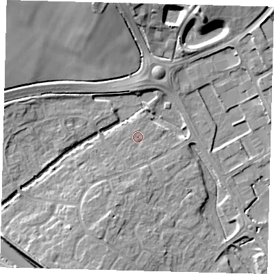 Shaded relief map of the ground around PE296UB, computed from Environment Agency LiDAR. The ground here sits at about 13 m above sea level and falls 12 m across the surrounding 800 m. Surface water reaching this point runs off ground lying to the south-south-west, 5.6 m higher.