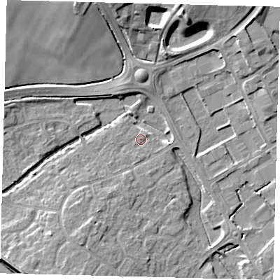 Shaded relief map of the ground around PE296UD, computed from Environment Agency LiDAR. The ground here sits at about 13 m above sea level and falls 13 m across the surrounding 800 m. Surface water reaching this point runs off ground lying to the south-south-west, 4.2 m higher.