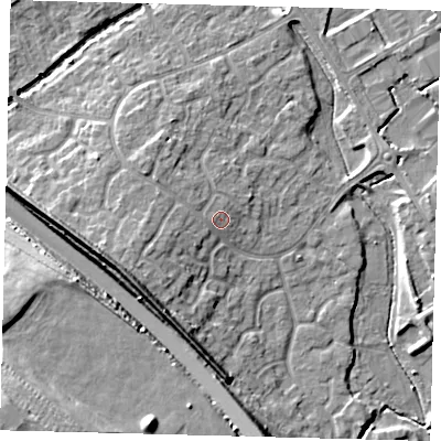 Shaded relief map of the ground around PE296UH, computed from Environment Agency LiDAR. The ground here sits at about 15 m above sea level and falls 21 m across the surrounding 800 m. Surface water reaching this point runs off ground lying to the west-south-west, 2.4 m higher.