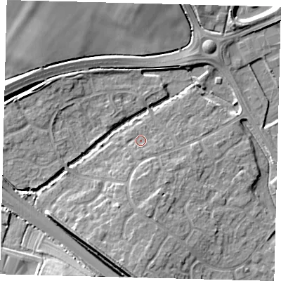 Shaded relief map of the ground around PE296UL, computed from Environment Agency LiDAR. The ground here sits at about 13 m above sea level and falls 12 m across the surrounding 800 m. Surface water reaching this point runs off ground lying to the south, 1.5 m higher.