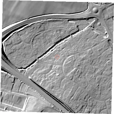 Shaded relief map of the ground around PE296UN, computed from Environment Agency LiDAR. The ground here sits at about 13 m above sea level and falls 12 m across the surrounding 800 m. Surface water reaching this point runs off ground lying to the south-east, 1.9 m higher.