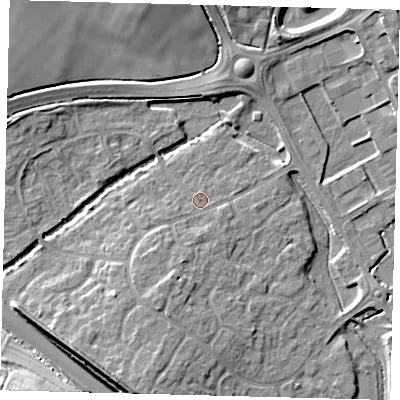 Shaded relief map of the ground around PE296UQ, computed from Environment Agency LiDAR. The ground here sits at about 13 m above sea level and falls 12 m across the surrounding 800 m. Surface water reaching this point runs off ground lying to the south-south-west, 3.3 m higher.