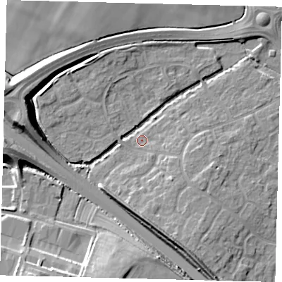Shaded relief map of the ground around PE296UW, computed from Environment Agency LiDAR. The ground here sits at about 13 m above sea level and falls 12 m across the surrounding 800 m. Surface water reaching this point runs off ground lying to the south-south-west, 11.9 m higher.
