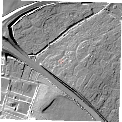 Shaded relief map of the ground around PE296UZ, computed from Environment Agency LiDAR. The ground here sits at about 14 m above sea level and falls 21 m across the surrounding 800 m. Surface water reaching this point runs off ground lying to the south-south-east, 8.2 m higher.