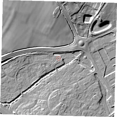 Shaded relief map of the ground around PE296WN, computed from Environment Agency LiDAR. The ground here sits at about 13 m above sea level and falls 14 m across the surrounding 800 m. Surface water reaching this point runs off ground lying to the west, 3.6 m higher.