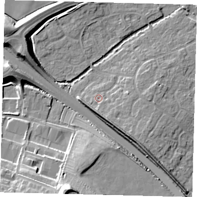 Shaded relief map of the ground around PE296XB, computed from Environment Agency LiDAR. The ground here sits at about 14 m above sea level and falls 25 m across the surrounding 800 m. Surface water reaching this point runs off ground lying to the south, 4.6 m higher.