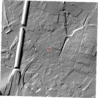 Shaded relief map of the ground around PE297HJ, computed from Environment Agency LiDAR. The ground here sits at about 12 m above sea level and falls 20 m across the surrounding 800 m. Surface water reaching this point runs off ground lying to the north-north-west, 9.8 m higher.