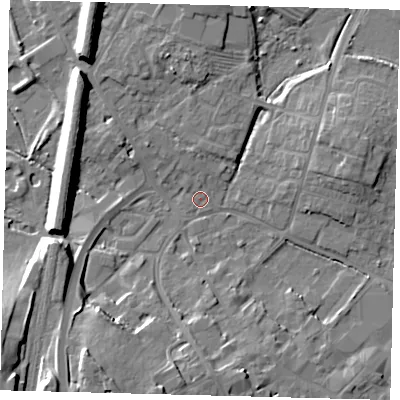 Shaded relief map of the ground around PE297HL, computed from Environment Agency LiDAR. The ground here sits at about 11 m above sea level and falls 14 m across the surrounding 800 m. Surface water reaching this point runs off ground lying to the north-west, 9.3 m higher.