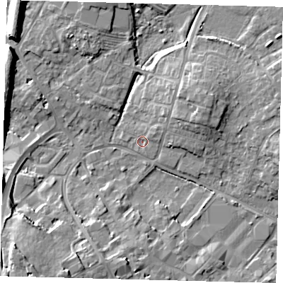 Shaded relief map of the ground around PE297HQ, computed from Environment Agency LiDAR. The ground here sits at about 11 m above sea level and falls 13 m across the surrounding 800 m. Surface water reaching this point runs off ground lying to the north-east, 3.2 m higher.