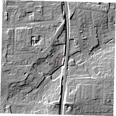 Shaded relief map of the ground around PE29DN, computed from Environment Agency LiDAR. The ground here sits at about 8 m above sea level and falls 12 m across the surrounding 800 m. Surface water reaching this point runs off ground lying to the west, 5.7 m higher.