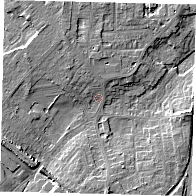 Shaded relief map of the ground around PE29DP, computed from Environment Agency LiDAR. The ground here sits at about 9 m above sea level and falls 11 m across the surrounding 800 m. Surface water reaching this point runs off ground lying to the south-south-west, 7.2 m higher.