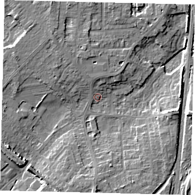 Shaded relief map of the ground around PE29DR, computed from Environment Agency LiDAR. The ground here sits at about 8 m above sea level and falls 11 m across the surrounding 800 m. Surface water reaching this point runs off ground lying to the east, 10.5 m higher.