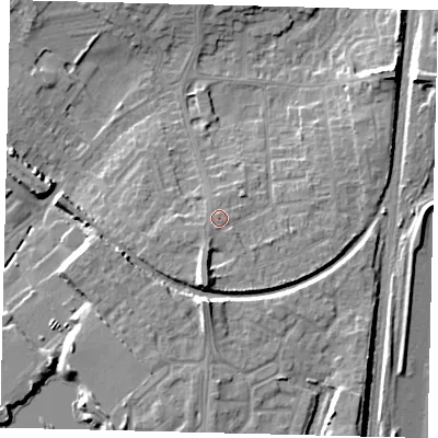 Shaded relief map of the ground around PE29DS, computed from Environment Agency LiDAR. The ground here sits at about 13 m above sea level and falls 10 m across the surrounding 800 m. Surface water reaching this point runs off ground lying to the south-south-west, 4.2 m higher.